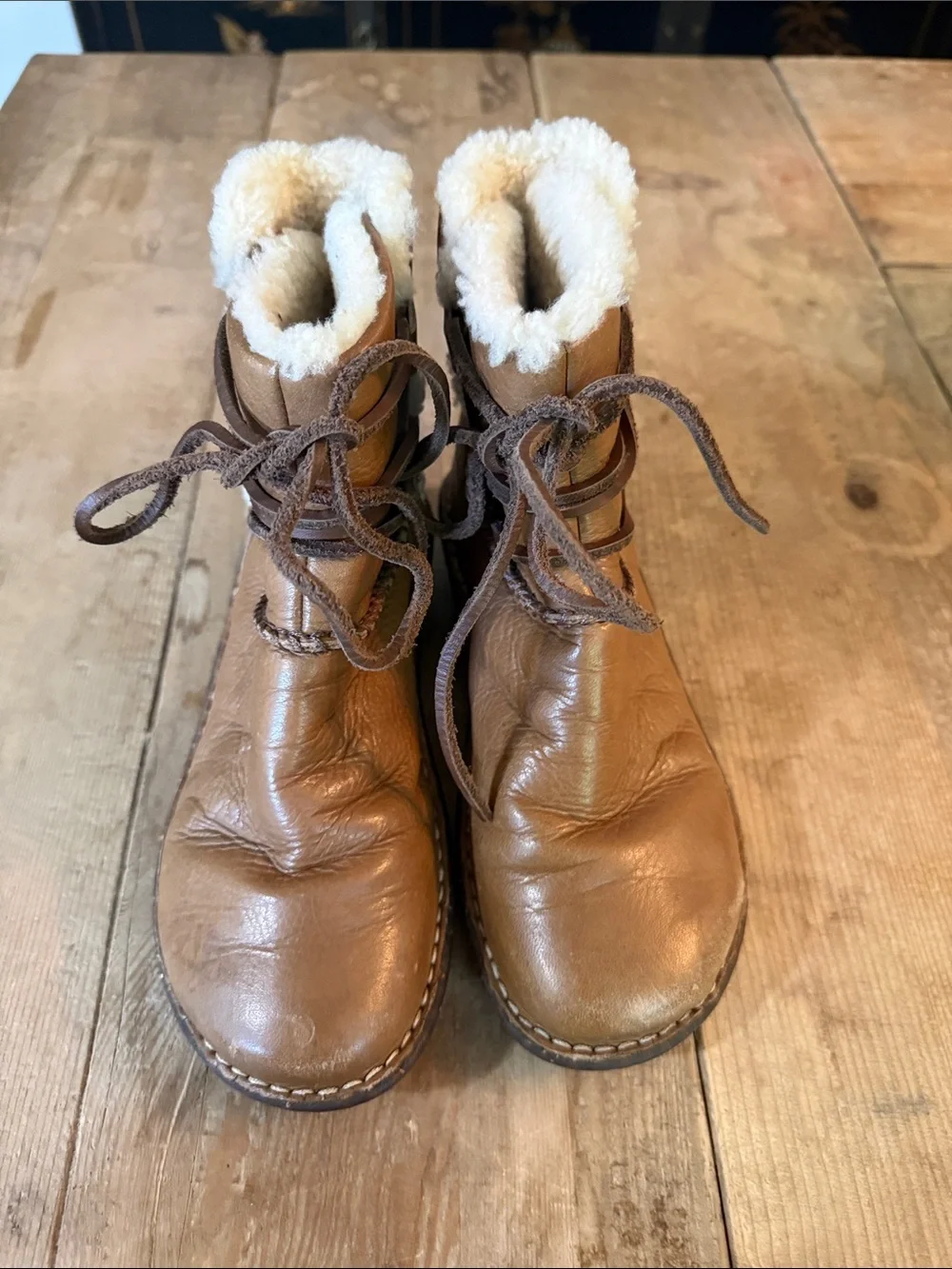 UGG Brown Leather Shearling Lace-Up Ankle Booties